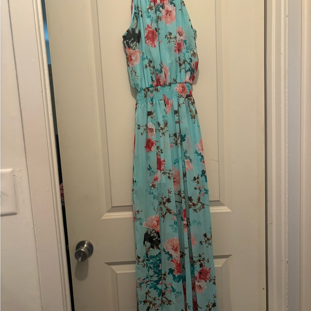 Elegant Floral Jumpsuit - Light Blue and Pink